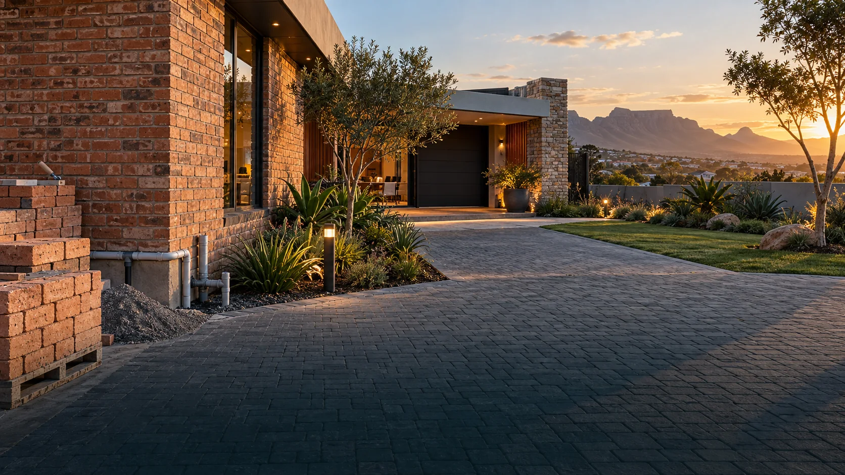 Brickwork, paving, landscaping, plumbing and outdoor lighting at a completed home
